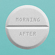 A white pill that says morning after sits against a teal background.