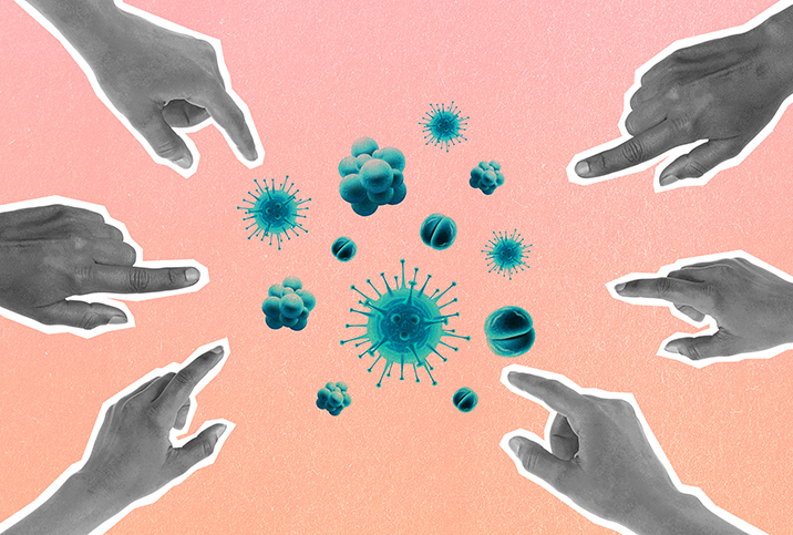 Different hands are are pointing fingers at multiple STI viruses against a peach background.