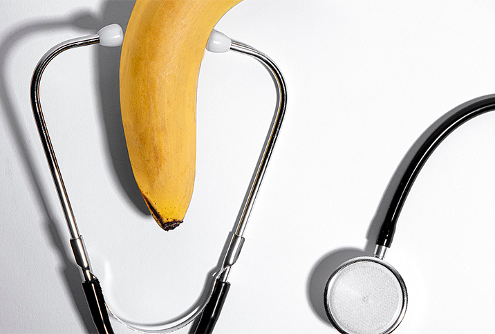 A stethoscope is attached to a banana.