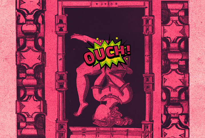 A statue of a woman is on its head with "ouch" written over her crotch and a pink filter over the entire picture.