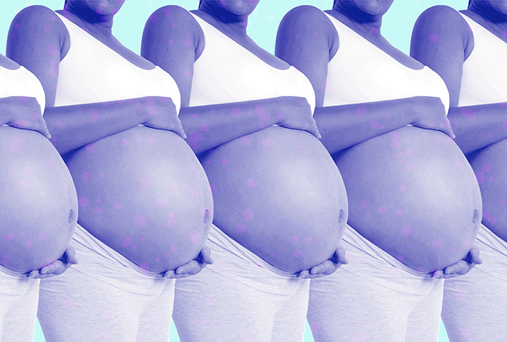 A purple image of a pregnant person holding their stomach is repeated in a row against a blue background.