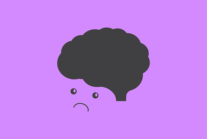 On a purple background, a black brain outline has a frowny face underneath.