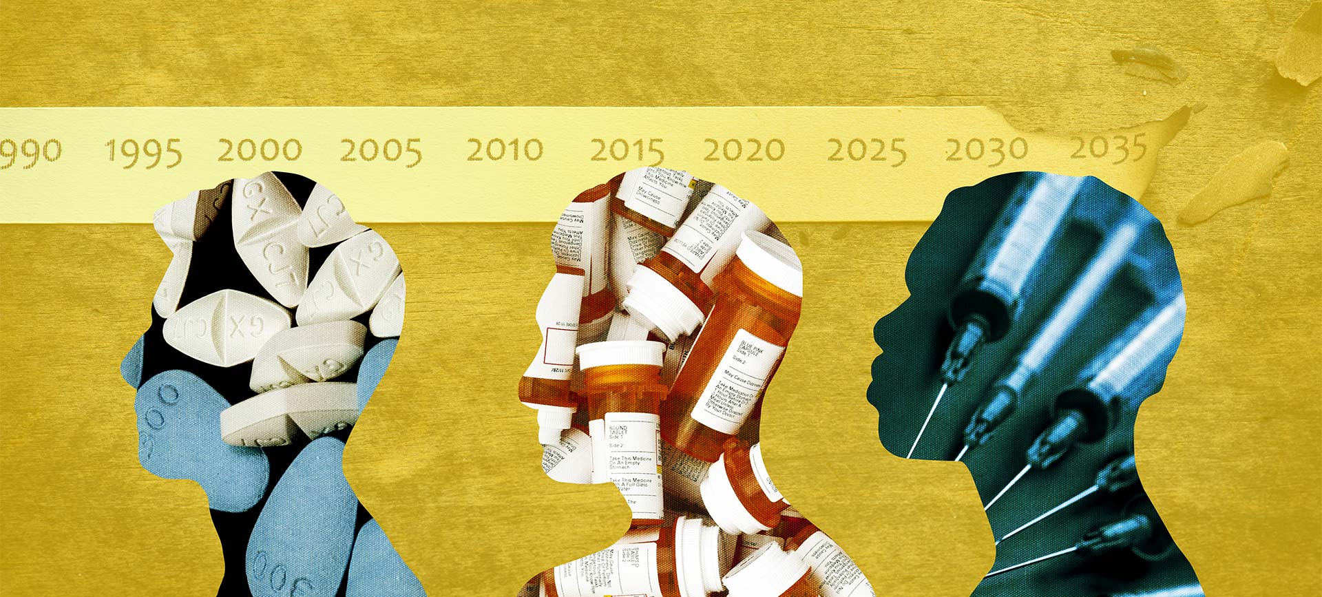 A timeline starting in 1995 and going to 2030 is behind three profiles of heads that are formed from pills and medical needles.