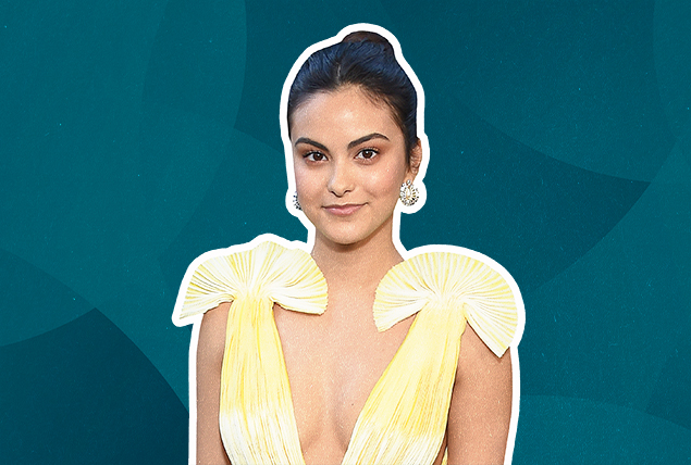 Camila Mendes is in a yellow evening gown against a teal background.