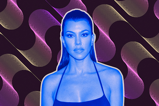 A blue image of Kourtney Kardashian Barker is layered on a purple background with yellow and pink wavy lines.