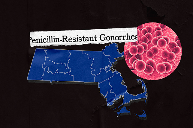 A pink, microscopic image of gonorrhea pops out of a blue shape of Massachusetts with the words "Penicillin-Resistant Gonorrhea" at the top.