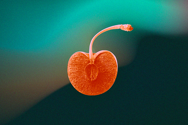 A halved cherry floats on a green and black background.