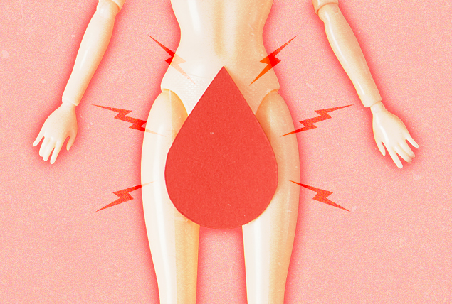 A red teardrop lays over the pelvic region of a female body while pain signals come out of it.