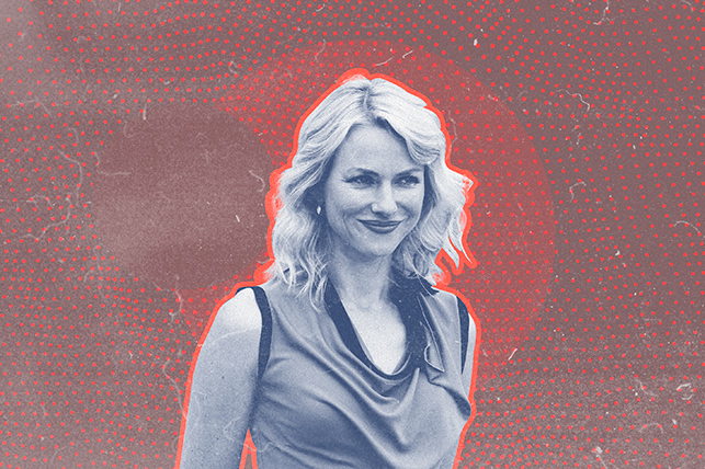 Naomi Watts smiles in a grey photo against a red textured background.