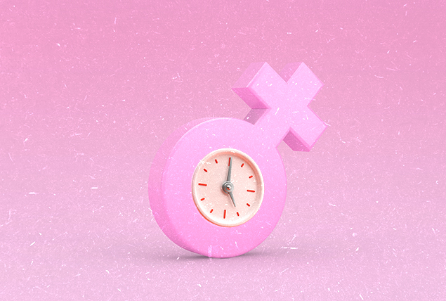 A pink female glyph has a clock in the center of it.