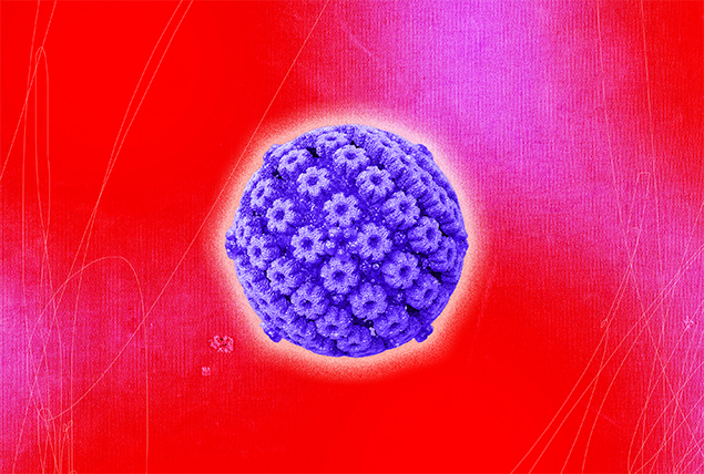 A purple STD virus cell is against a red background.