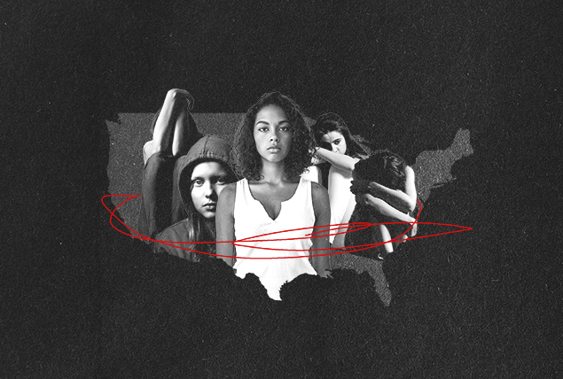 Different girls stand inside a hollow map of the United States.
