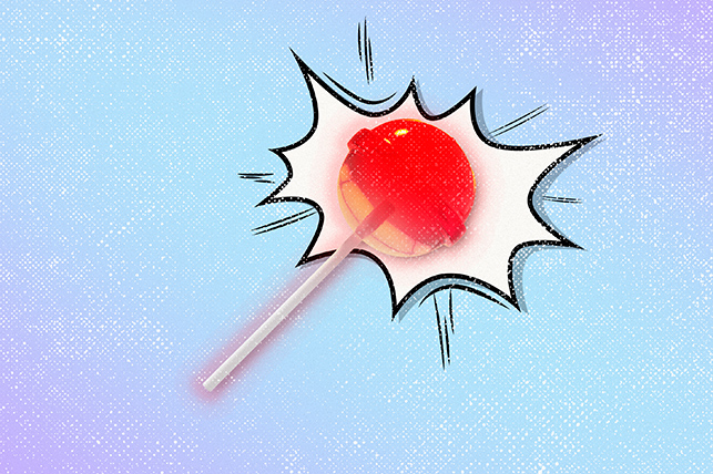 A white jagged comic-like outline is around the red end of a lollipop. 