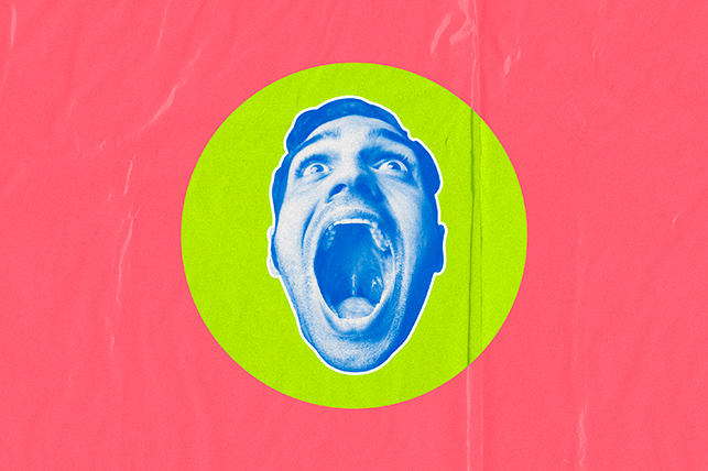head with blue tint opens mouth up very wide on green circle on pink background