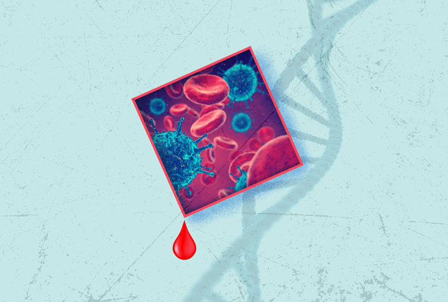 A square with the cells of an HIV infected patient is against a light blue background with a DNA strand.