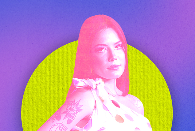 A pink image of Halsey is against a purple background with a lime green circle behind her.