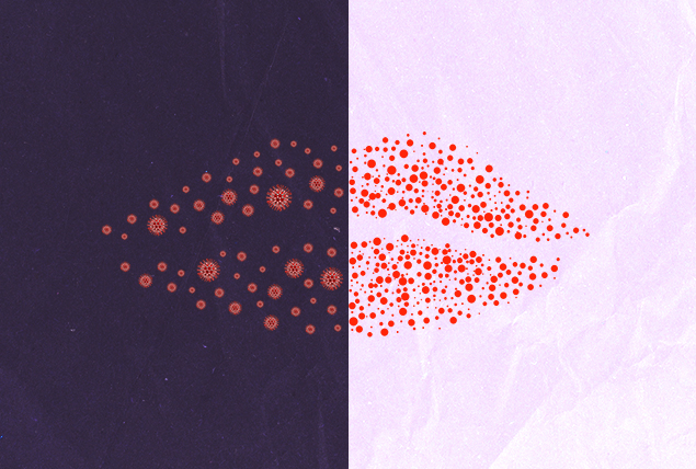A pair of lips made up of red herpes dots is laid against a background that is half dark purple and half light pink.
