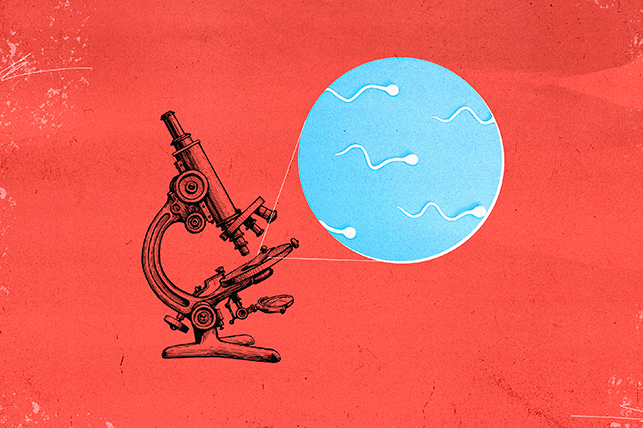 microscope on red background with light blue circle with sperm 