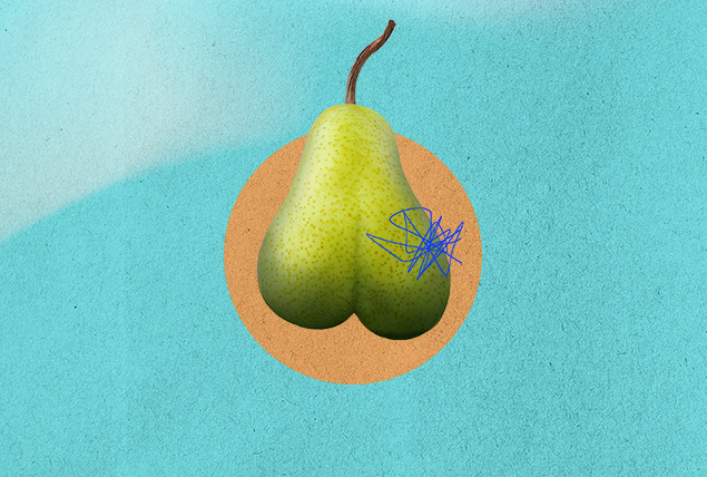 green pear with blue scribbled over one side on a teal background