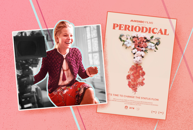 Lina Plioplyte in pink tint in back and white photo next to 'Parodical' poster on light pink background