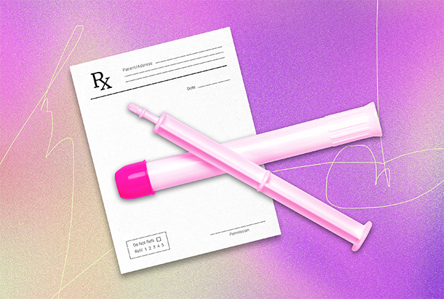 pink phexxi syringe with a doctors note sheet on a pink background