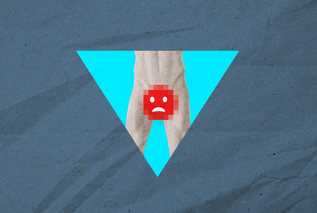 man's naked bottom half with red pixelation with a frowning face in a blue triangle
