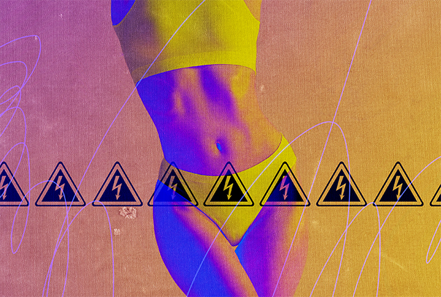 A woman in underwear stands with her body stretched as a row of danger symbols go across her abdomen.