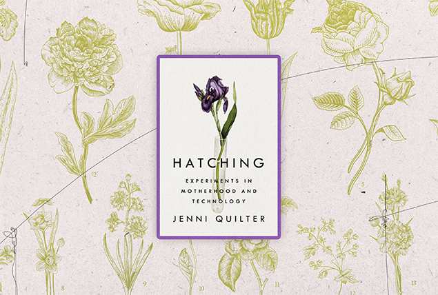 'Hatching' book cover on beige and light green floral background