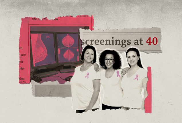 three women wearing shirts with pink ribbons stand in front of newspaper headline reading 'screenings at 40' in front of mammogram x-rays