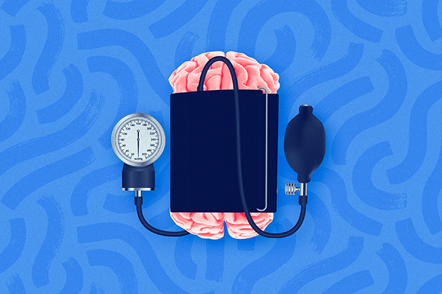 A brain is wrapped up in a blood pressure monitor.