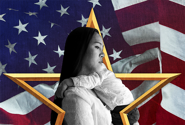 woman holds baby in gold star frame on American flag background