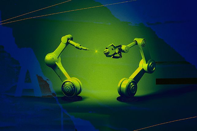 robotic arms with green tint facing each other