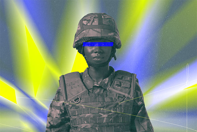 female soldier in camo and a helmet with blue streak across eyes on marbled green and blue background