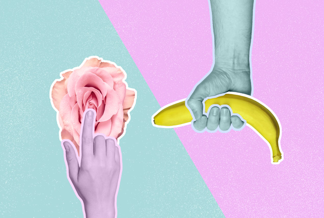 pink hand touches pink rose with index finger on green background, green hand holds yellow banana on yellow background