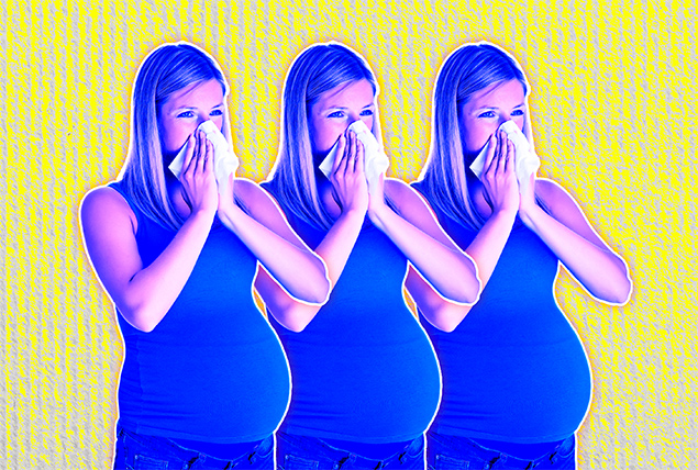 An image of a blue pregnant woman blowing her nose is repeated three times against a yellow background.