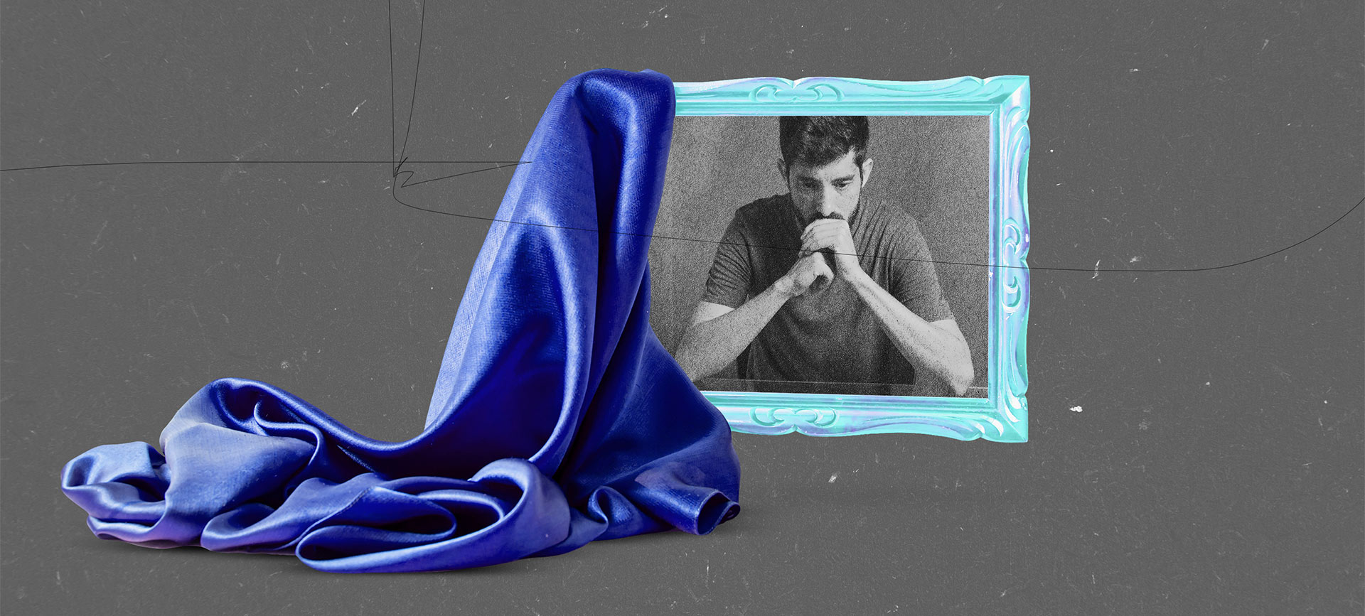 A blue curtain drapes over the side of a picture frame holding an image of a concerned man.