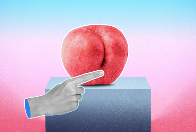 grayscale hand touches pink peach on pedestal with index finger on pink and blue gradient background