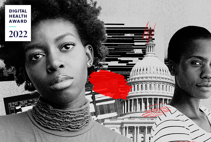 Two black women are layered over an image of the US capital with a badge for the Digital Health Awards in the corner.