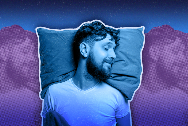 A blue image of a man sleeping on his pillow is against a background of the same image in purple.