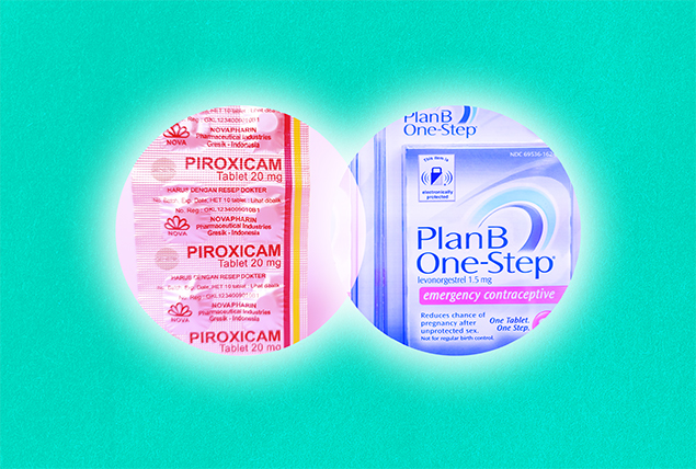 Two joining circles show a packet of Piroxicam in pink and a box of Plan B in blue.