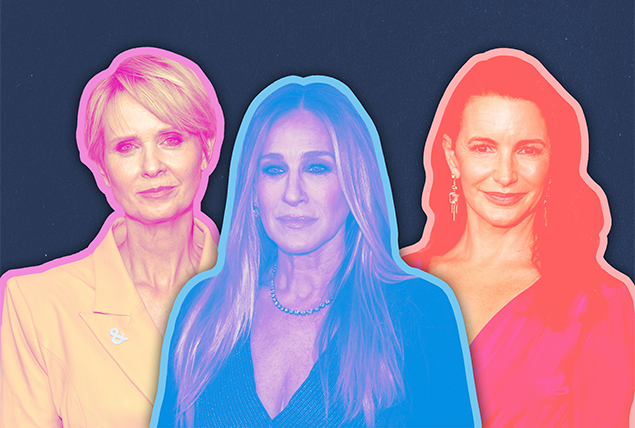Sarah Jessica Parker, Cynthia Nixon, and Kristin Davis with yellow, blue and red tints on dark navy background