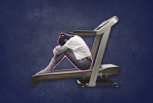 grayscale person with pink outline sitting with head on knees on treadmill on dark blue background
