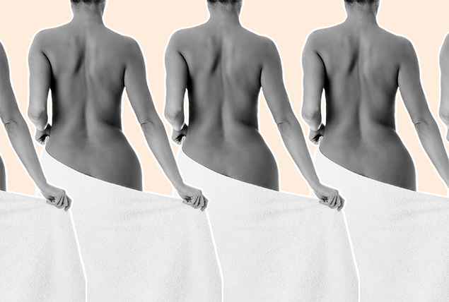 A row of naked female bodies are layered with a towel as they are shown from behind.