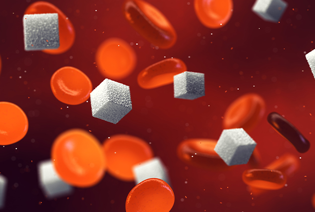 Sugar cubes float alongside blood droplets against a dark red background.
