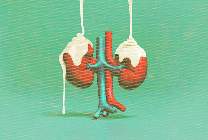 Two red kidneys on a green background have white goo dripping onto them from above.