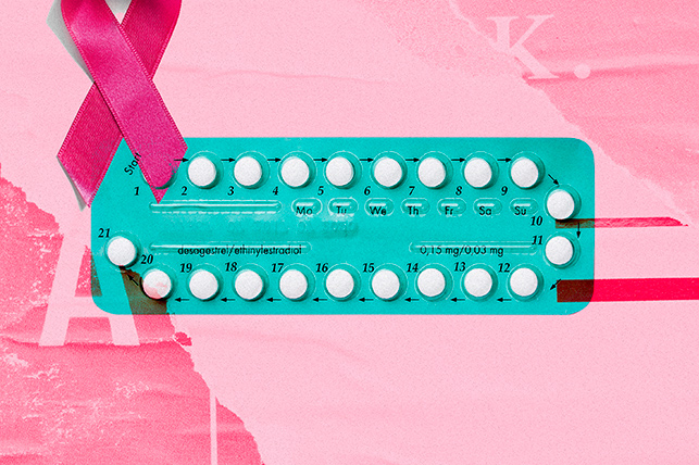 A green packet of birth control pills is against a pink background with pink breast cancer ribbons.