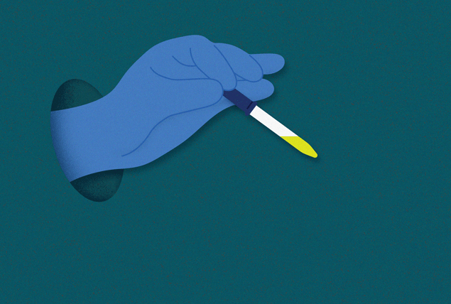 blue hand with a pipette dripping yellow liquid on a teal background