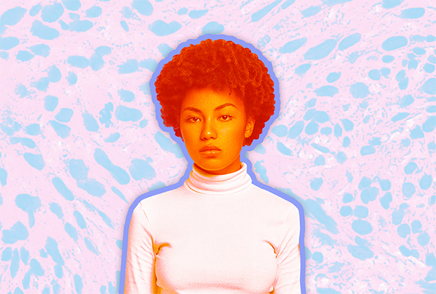 A black woman is layered in an orange hue against a pink and blue background.