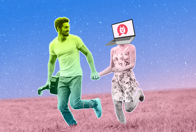 A green man walks hand in hand with a girl who has a laptop in place of her head.
