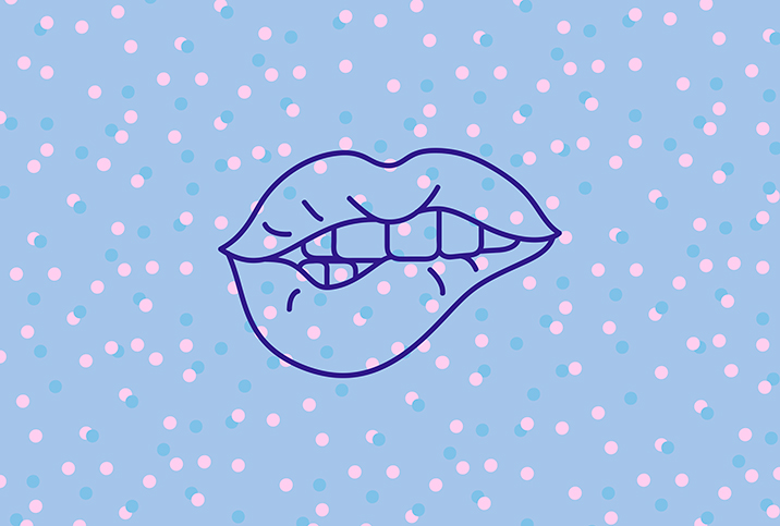 An outline of a pair of lips shows teeth biting into the lower side against a blue background with pink dots.